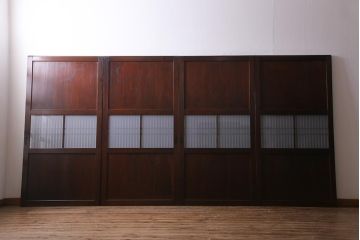 アンティーク建具　和製アンティーク　すりガラス入り　凛とした雰囲気が魅力的な格子帯戸4枚セット(板戸、引き戸、建具)(R-038200)