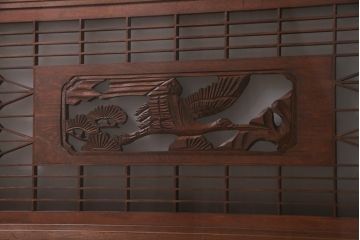アンティーク建具　繊細な組子と鶴と松の彫刻が美しい欄間(明り取り、両面ガラス)(R-038205)