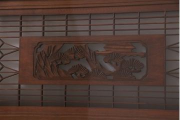 アンティーク建具　繊細な組子と鶴と松の彫刻が美しい欄間(明り取り、両面ガラス)(R-038205)