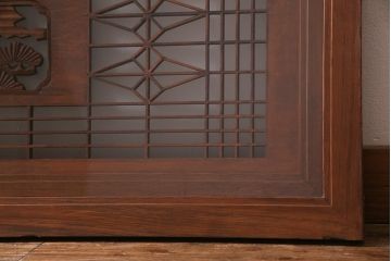 アンティーク建具　繊細な組子と鶴と松の彫刻が美しい欄間(明り取り、両面ガラス)(R-038205)