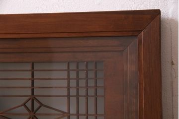 アンティーク建具　繊細な組子と鶴と松の彫刻が見事な欄間(明り取り、両面ガラス)(R-038206)