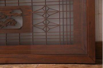 アンティーク建具　繊細な組子と鶴と松の彫刻が見事な欄間(明り取り、両面ガラス)(R-038206)