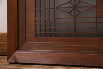 アンティーク建具　繊細な組子と鶴と松の彫刻が見事な欄間(明り取り、両面ガラス)(R-038206)