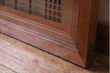 アンティーク建具　繊細な組子と鶴と松の彫刻が見事な欄間(明り取り、両面ガラス)(R-038206)