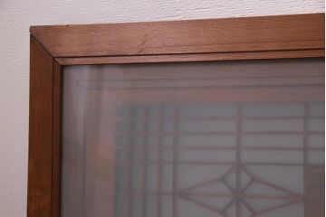 アンティーク建具　繊細な組子と鶴と松の彫刻が見事な欄間(明り取り、両面ガラス)(R-038206)