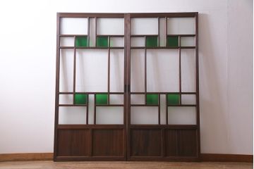アンティーク建具　大正期　当時物色ガラス入り　表情豊かなガラス戸2枚セット(引き戸、建具)(R-038207)