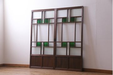 アンティーク建具　大正期　当時物色ガラス入り　表情豊かなガラス戸2枚セット(引き戸、建具)(R-038207)