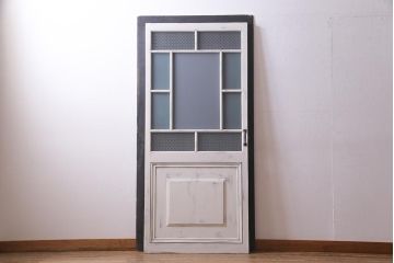 アンティーク建具　ペイント　当店オリジナルガラス入り　明るいカラーが魅力の木製ドア(扉、建具)(R-038208)