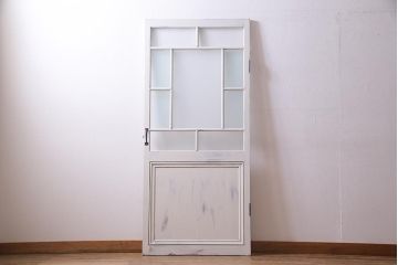 アンティーク建具　ペイント　当店オリジナルガラス入り　明るいカラーが魅力の木製ドア(扉、建具)(R-038208)