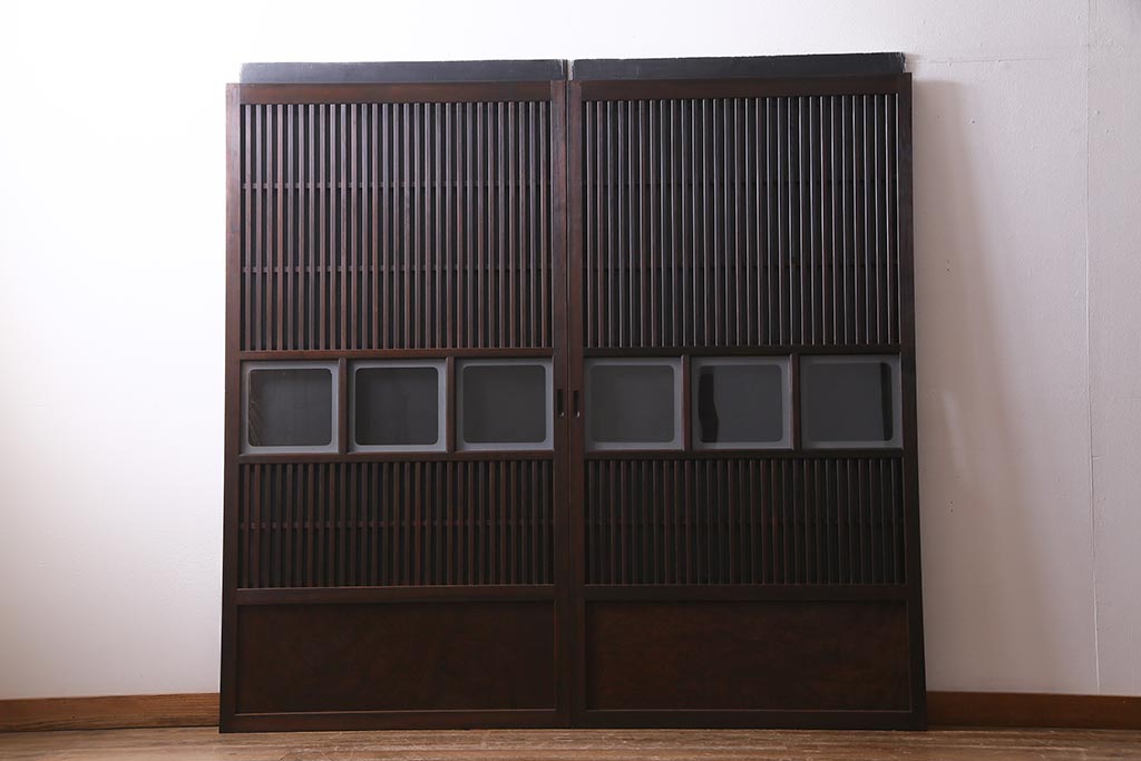 アンティーク建具　裏ガラス入り　変わり型　和の風情漂う格子戸2枚セット(建具、引き戸)(R-038210)