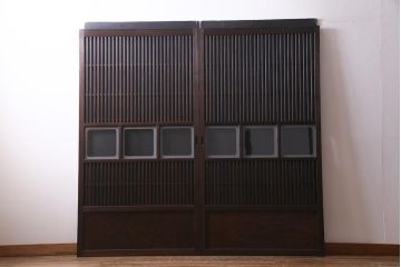 アンティーク建具　裏ガラス入り　変わり型　和の風情漂う格子戸2枚セット(建具、引き戸)(R-038210)