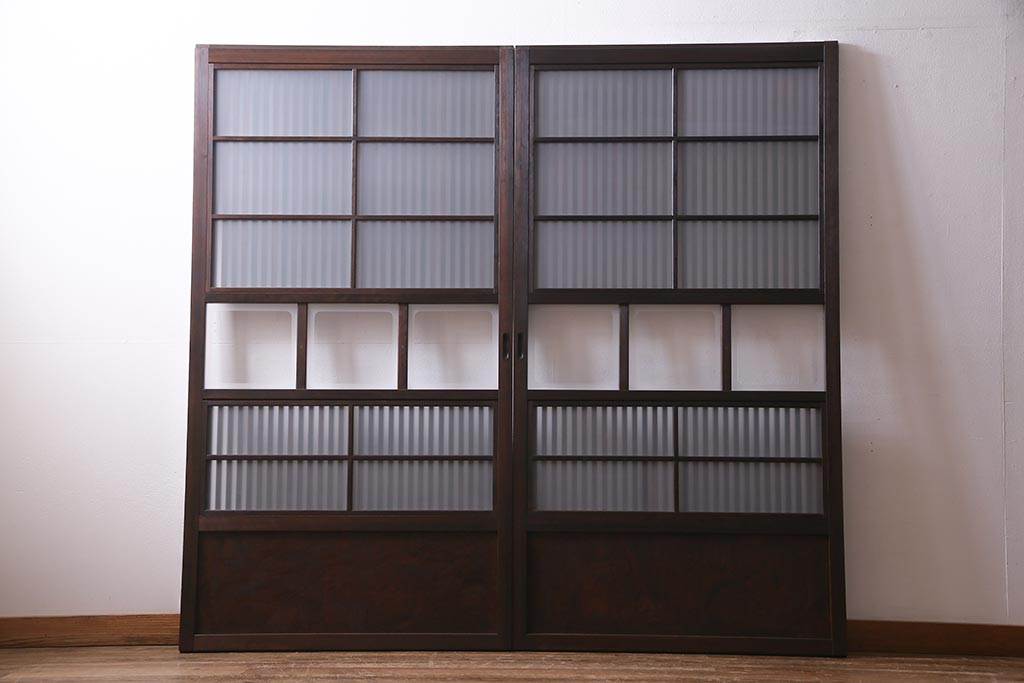 アンティーク建具　裏ガラス入り　変わり型　和の風情漂う格子戸2枚セット(建具、引き戸)(R-038210)