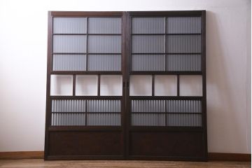 アンティーク建具　裏ガラス入り　変わり型　和の風情漂う格子戸2枚セット(建具、引き戸)(R-038210)