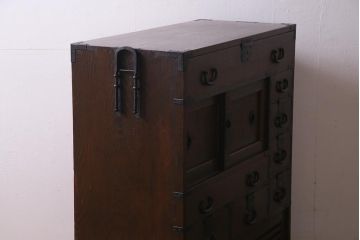 アンティーク家具　和製アンティーク　古民具　ヒノキ材　隠し付き!すっきりとした佇まいが魅力の関西帳場箪笥(時代箪笥、引き出し)(R-038219)
