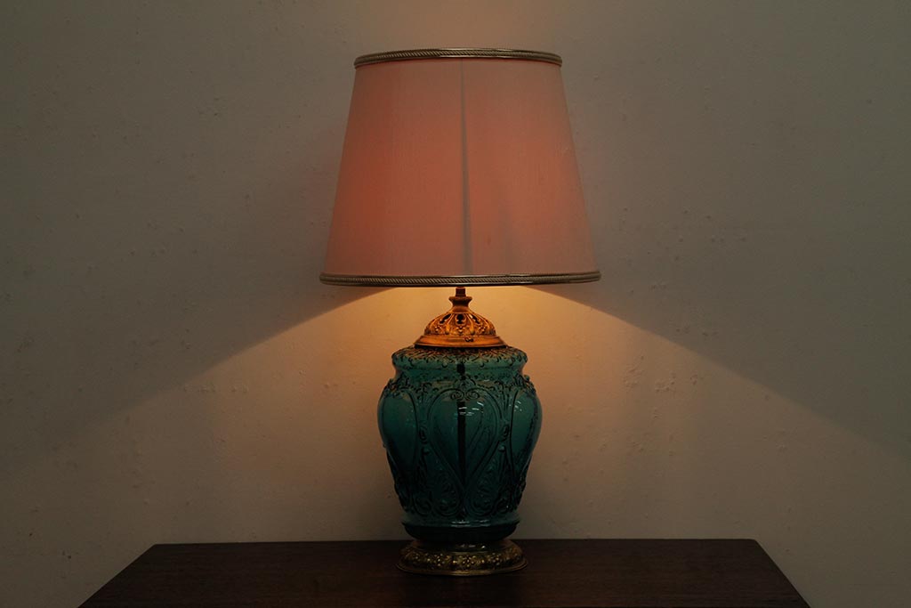 アンティーク雑貨　フランスアンティーク　ブルーのガラスが美しいテーブルランプ(卓上ランプ、スタンドライト)(R-038223)