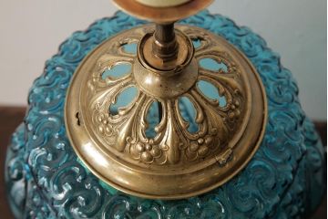アンティーク雑貨　フランスアンティーク　ブルーのガラスが美しいテーブルランプ(卓上ランプ、スタンドライト)(R-038223)