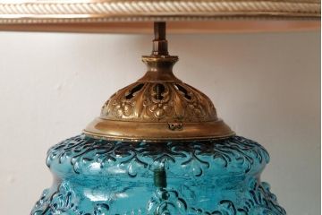アンティーク雑貨　フランスアンティーク　ブルーのガラスが美しいテーブルランプ(卓上ランプ、スタンドライト)(R-038223)