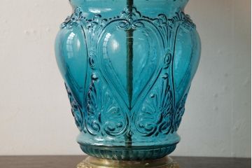 アンティーク雑貨　フランスアンティーク　ブルーのガラスが美しいテーブルランプ(卓上ランプ、スタンドライト)(R-038223)