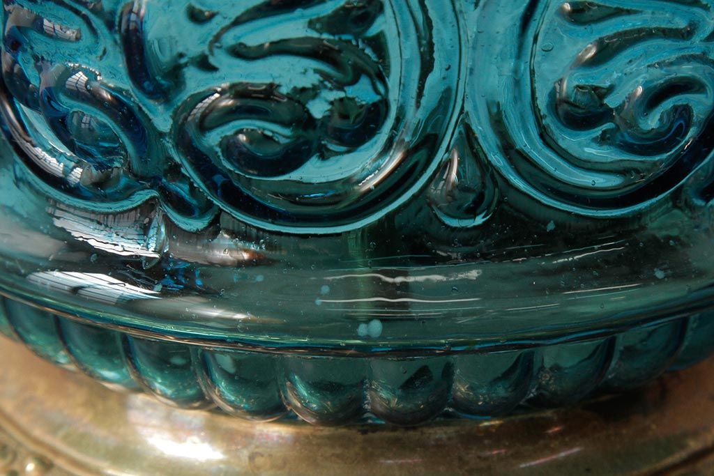 アンティーク雑貨　フランスアンティーク　ブルーのガラスが美しいテーブルランプ(卓上ランプ、スタンドライト)(R-038223)