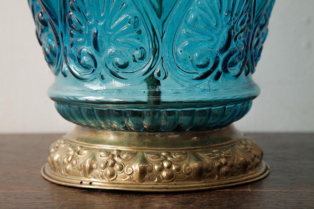 アンティーク雑貨　フランスアンティーク　ブルーのガラスが美しいテーブルランプ(卓上ランプ、スタンドライト)(R-038223)