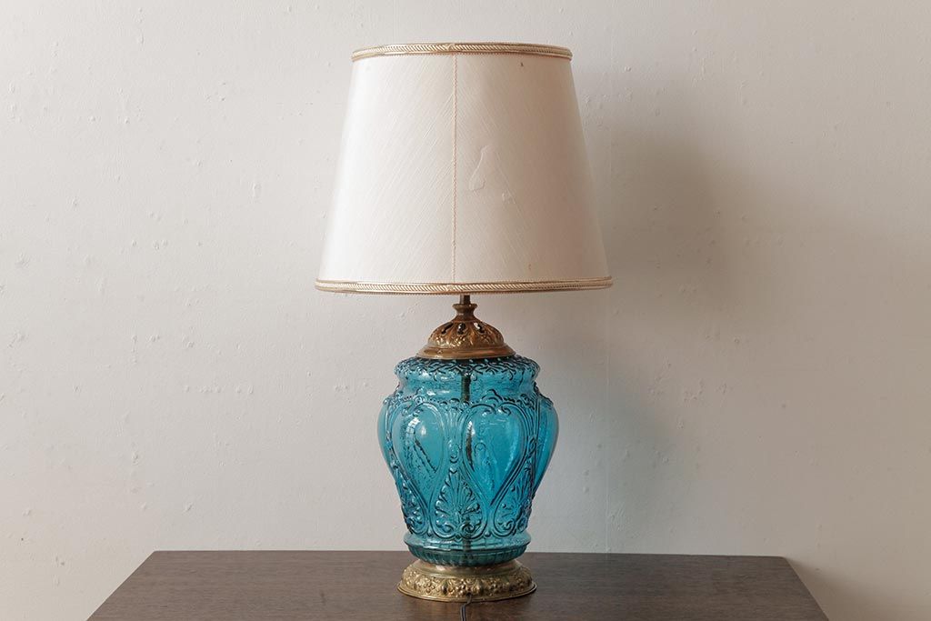 アンティーク雑貨　フランスアンティーク　ブルーのガラスが美しいテーブルランプ(卓上ランプ、スタンドライト)(R-038223)