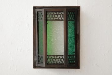 アンティーク雑貨　和製アンティーク　当時物色ガラス入り　レトロモダンな壁掛け照明カバー(ウォールランプカバー、門灯・玄関灯)(R-038225)