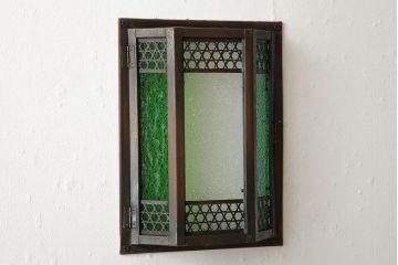 アンティーク雑貨　和製アンティーク　当時物色ガラス入り　レトロモダンな壁掛け照明カバー(ウォールランプカバー、門灯・玄関灯)(R-038225)