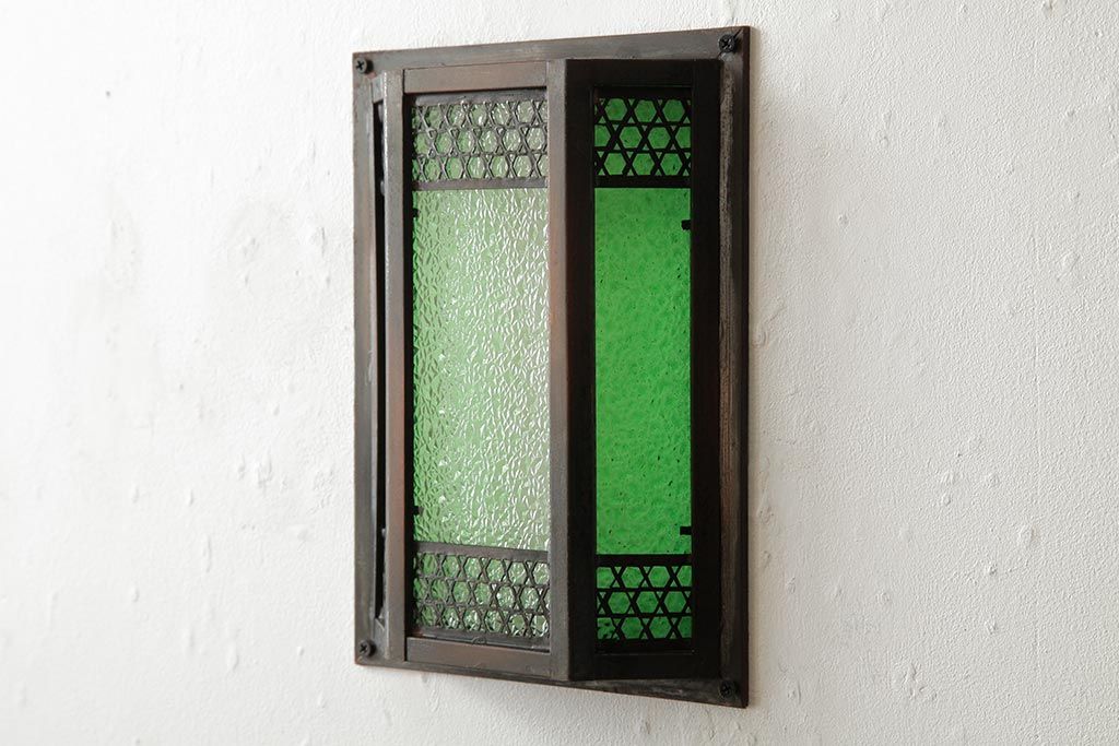 アンティーク雑貨　和製アンティーク　当時物色ガラス入り　レトロモダンな壁掛け照明カバー(ウォールランプカバー、門灯・玄関灯)(R-038226)