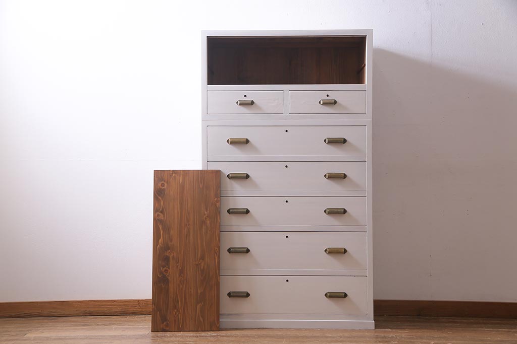 レトロ家具　ペイント　当店オリジナルガラス入り　重ねてもセパレートでも使える淡いカラーの二段重ねチェスト(引き出し)(R-038233)