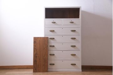 レトロ家具　ペイント　当店オリジナルガラス入り　重ねてもセパレートでも使える淡いカラーの二段重ねチェスト(引き出し)(R-038233)