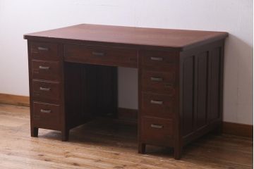 アンティーク家具　和製アンティーク　総ケヤキ材　レトロな雰囲気漂う両袖デスク(R-038235)