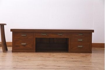 ビンテージ家具　和製ビンテージ　総くるみ無垢材　天板一枚板　杢目が美しい文机(両袖机、机、座卓)(R-038249)