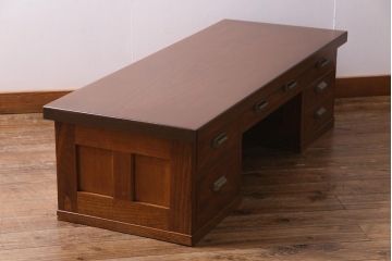 ビンテージ家具　和製ビンテージ　総くるみ無垢材　天板一枚板　杢目が美しい文机(両袖机、机、座卓)(R-038249)