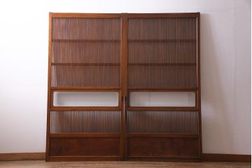 アンティーク建具　和製アンティーク　あたたかな色味が魅力の格子戸2枚セット(引き戸、建具)(R-038277)