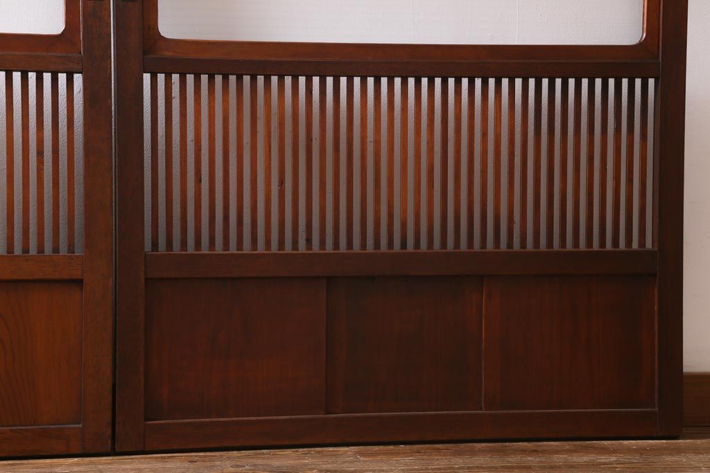 アンティーク建具　和製アンティーク　昭和中期　モールガラス入り　味わい深い木味が魅力の格子戸2枚セット(引き戸、建具)(R-038278)