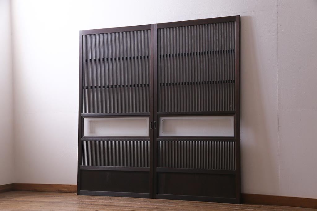 アンティーク建具　和製アンティーク　帯ガラス入り　レトロシックな格子戸2枚セット(引き戸、建具)(R-038279)