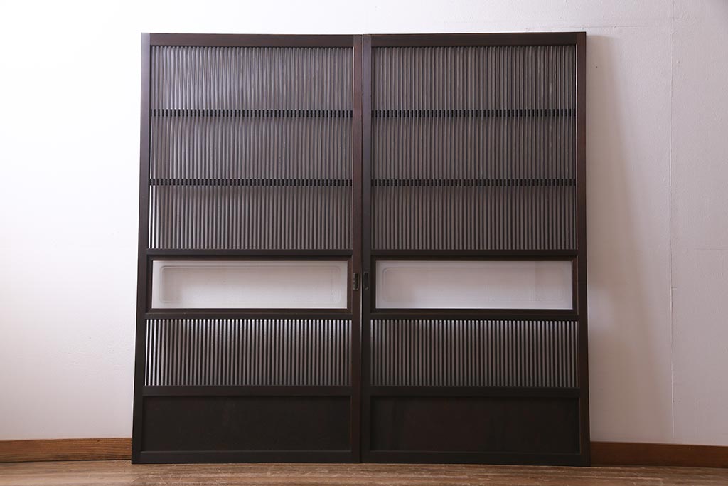 アンティーク建具　和製アンティーク　帯ガラス入り　レトロシックな格子戸2枚セット(引き戸、建具)(R-038279)