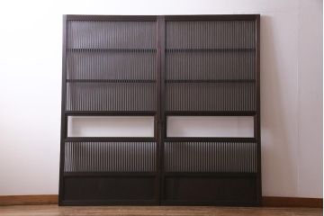 アンティーク建具　和製アンティーク　帯ガラス入り　レトロシックな格子戸2枚セット(引き戸、建具)(R-038279)