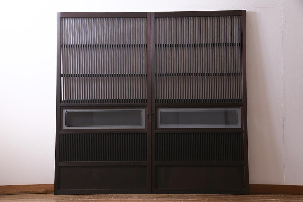 アンティーク建具　和製アンティーク　帯ガラス入り　レトロシックな格子戸2枚セット(引き戸、建具)(R-038279)