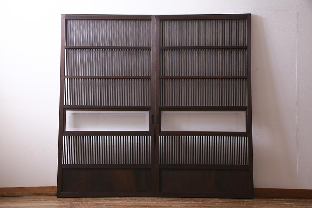 アンティーク建具　和製アンティーク　帯ガラス入り　レトロシックな格子戸2枚セット(引き戸、建具)(R-038279)