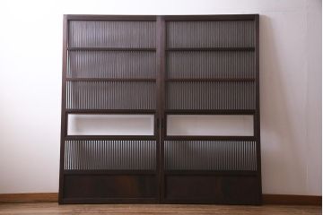 アンティーク建具　和製アンティーク　帯ガラス入り　レトロシックな格子戸2枚セット(引き戸、建具)(R-038279)