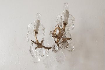 ヴィンテージ照明　フランスビンテージ　青銅製　ガラスドロップが可愛らしいウォールランプ(壁付けシャンデリア、壁掛け照明)(R-038301)