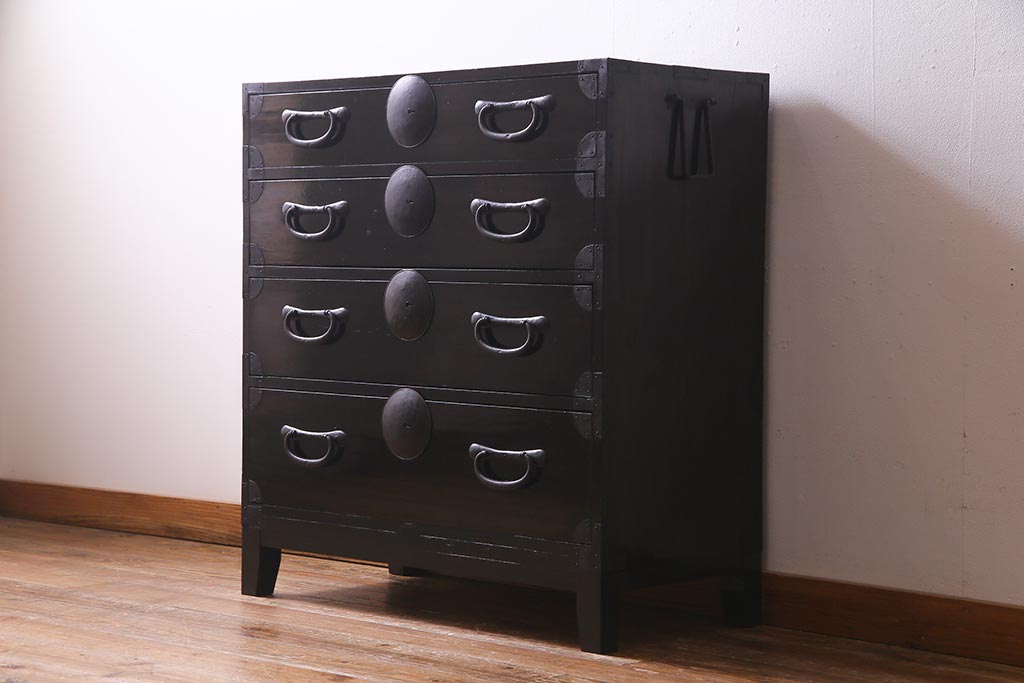 アンティーク家具　大正昭和初期　和製アンティーク　脚付きリメイク　丸金具が渋さを引き立たせる松本衣装箪笥(時代箪笥、チェスト、引き出し)(R-038311)