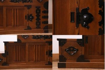 新古品　民芸家具　ニレ無垢材　雲竜金具　両面使い!ユニット型階段箪笥(和タンス)(R-038322)