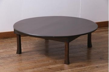 アンティーク家具　昭和初期　栓材　一枚板　渋みのある色味が魅力の丸ちゃぶ台(折りたたみテーブル、座卓、ローテーブル)(R-038341)