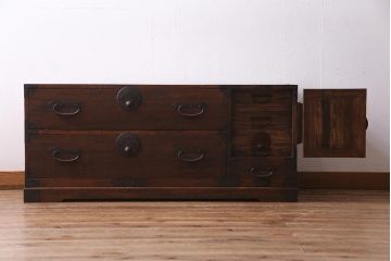 アンティーク家具　前面桐材　味わい深い木肌が魅力的な最上箪笥(ローボード、ローチェスト、衣装箪笥、桐箪笥、桐たんす)(R-038344)