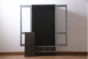 ラフジュ工房オリジナル　古建具リメイク　気泡ガラス・ダイヤガラス　くすみのあるペイントがお洒落な脚付きブックケース(本箱、収納棚、キャビネット)(R-038349)