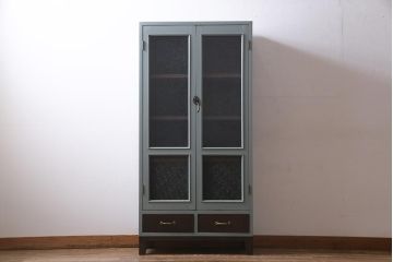 ラフジュ工房オリジナル　古建具リメイク　気泡ガラス・ダイヤガラス　くすみのあるペイントがお洒落な脚付きブックケース(本箱、収納棚、キャビネット)(R-038349)