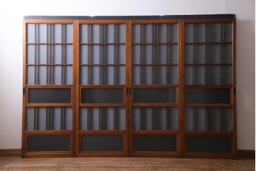 ビンテージ建具　幅狭　すりガラス　レトロガラスがアクセントのガラス戸4枚セット(引き戸)(R-038365)