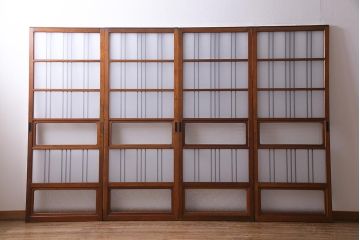 ビンテージ建具　幅狭　すりガラス　レトロガラスがアクセントのガラス戸4枚セット(引き戸)(R-038365)